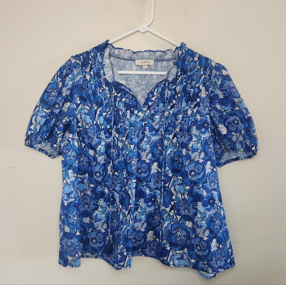 Alfred Dunner Blue Floral Short Sleeve Blouse